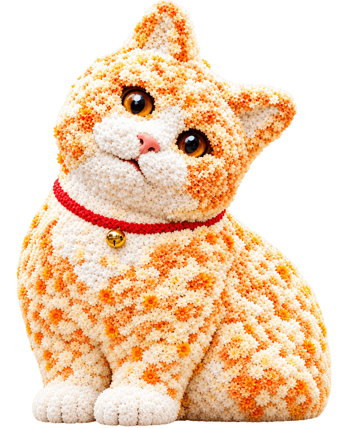 A giant ginger cat sculpture made from cream and orange flowers